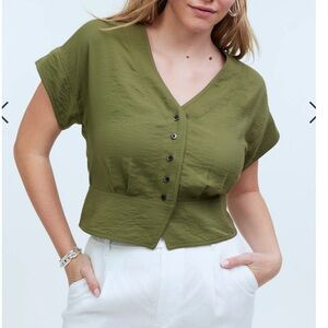 Olive green pleated short sleeve top from Madewell, size L.